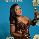 Quinta Brunson poses with the Emmy for Outstanding Writing For A Comedy Series for “Abbott Elementary” during the 74th Emmy Awards at the Microsoft Theater in Los Angeles, California, on September 12, 2022.